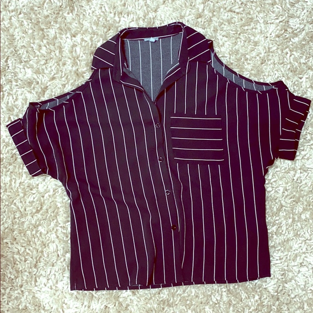 Pinstripe Cold Shoulder Blouse